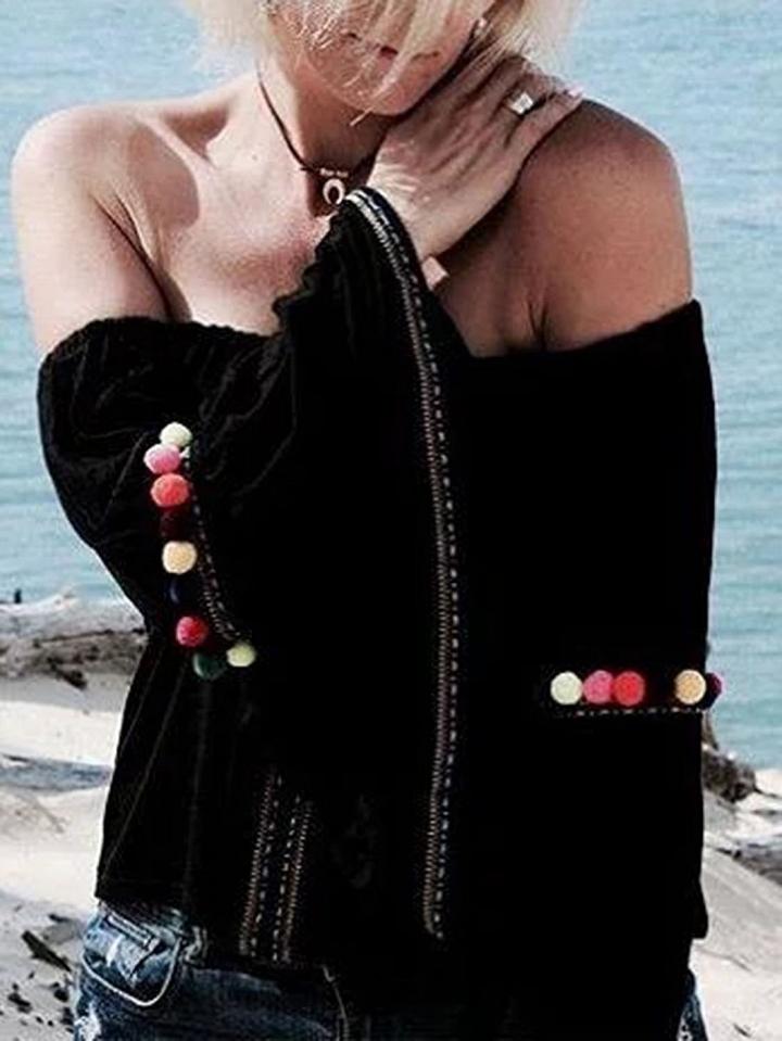 Choies Black Off Shoulder Pom Pom Detail Trimmed Bell Sleeve Top
