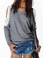 Choies Gray Cold Shoulder Crochet Lace Sleeve T-shirt