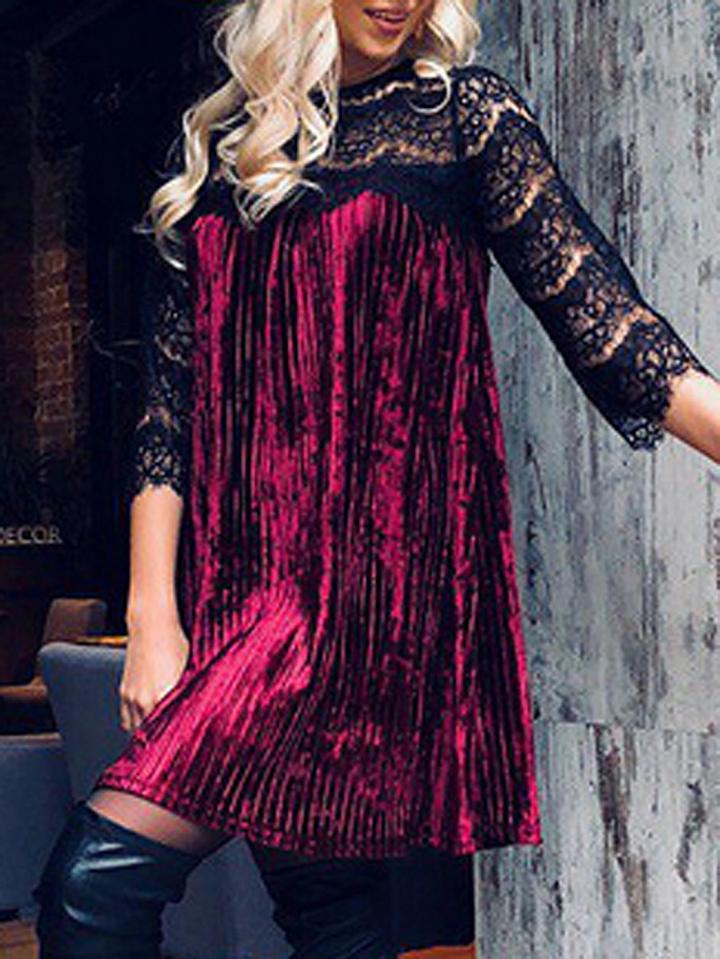 Choies Burgundy Velvet Lace Panel Pleated Mini Dress