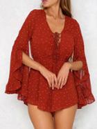 Choies Red V-neck Polka Dot Lace Up Front Ruffle Sleeve Romper Playsuit
