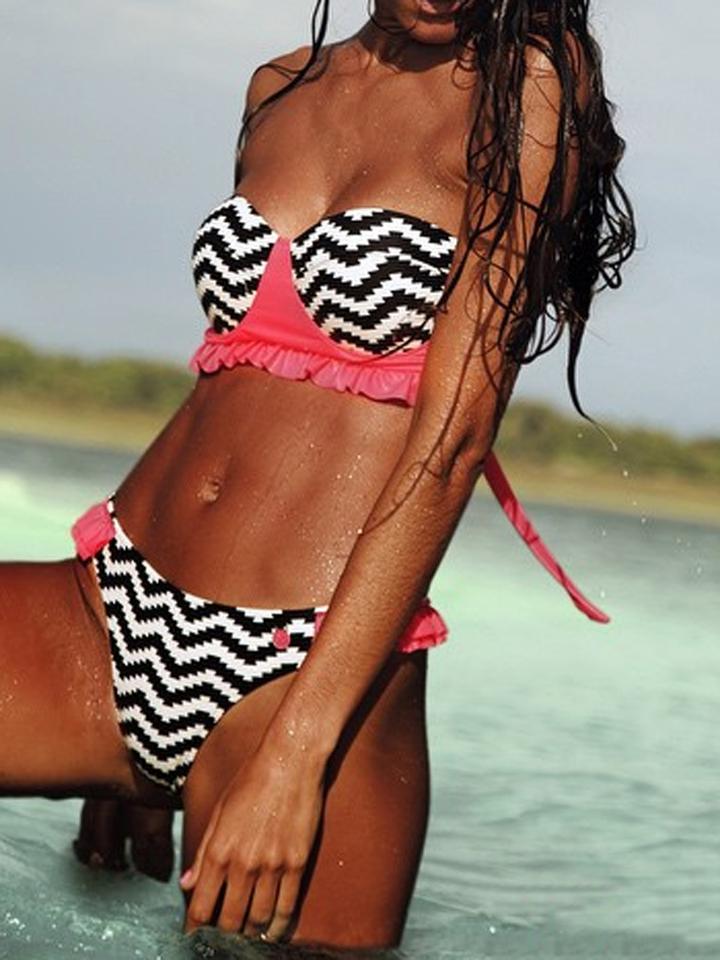 Choies White Chevron Bandeau Ruffle Hem Top And Bikini Bottom