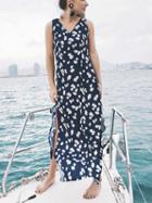 Choies Blue V-neck Floral Print Thigh Split Maxi Dress