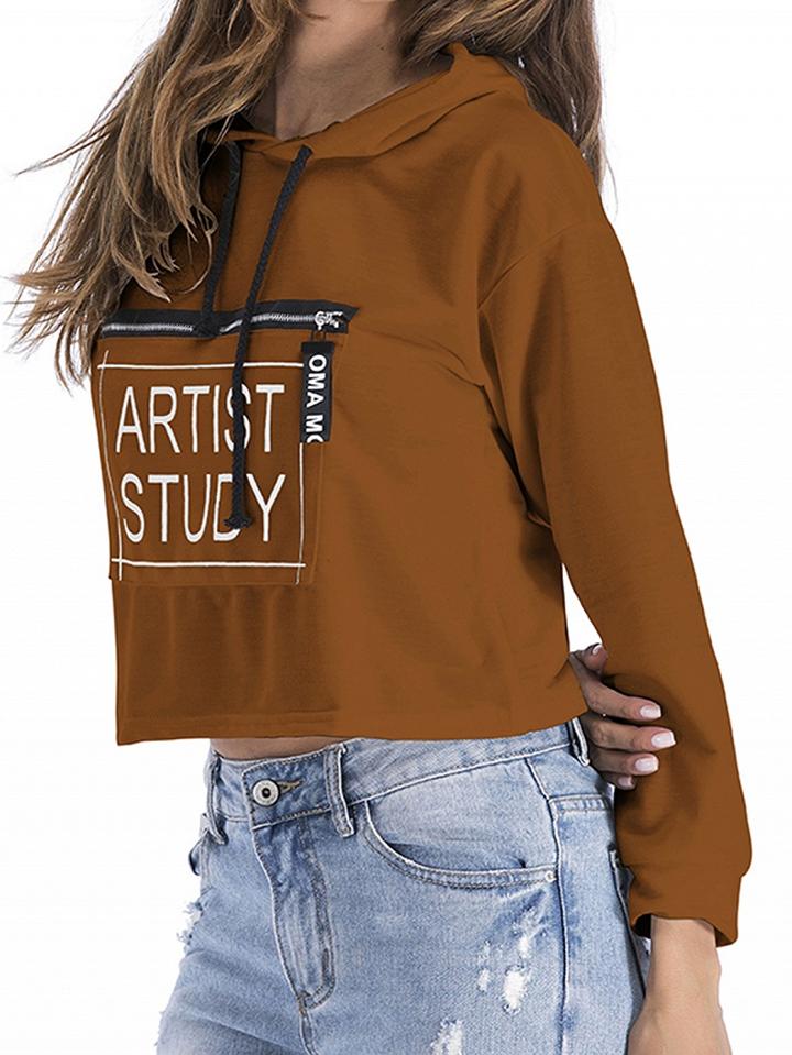 Choies Brown Cotton Letter Print Long Sleeve Chic Women Crop Hoodie