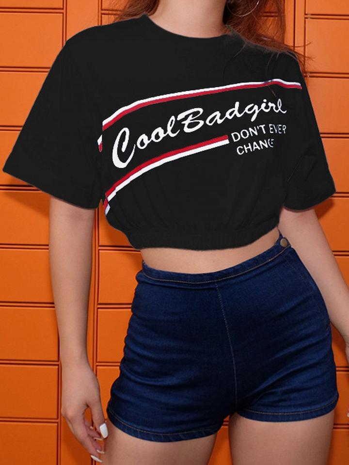 Choies Black Cotton Letter And Stripe Print Chic Women Crop T-shirt