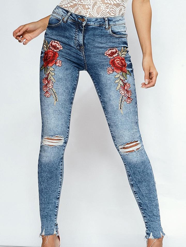 Choies Light Blue Embroidery Floral Ripped Knee Skinny Jeans