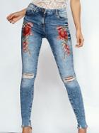 Choies Light Blue Embroidery Floral Ripped Knee Skinny Jeans