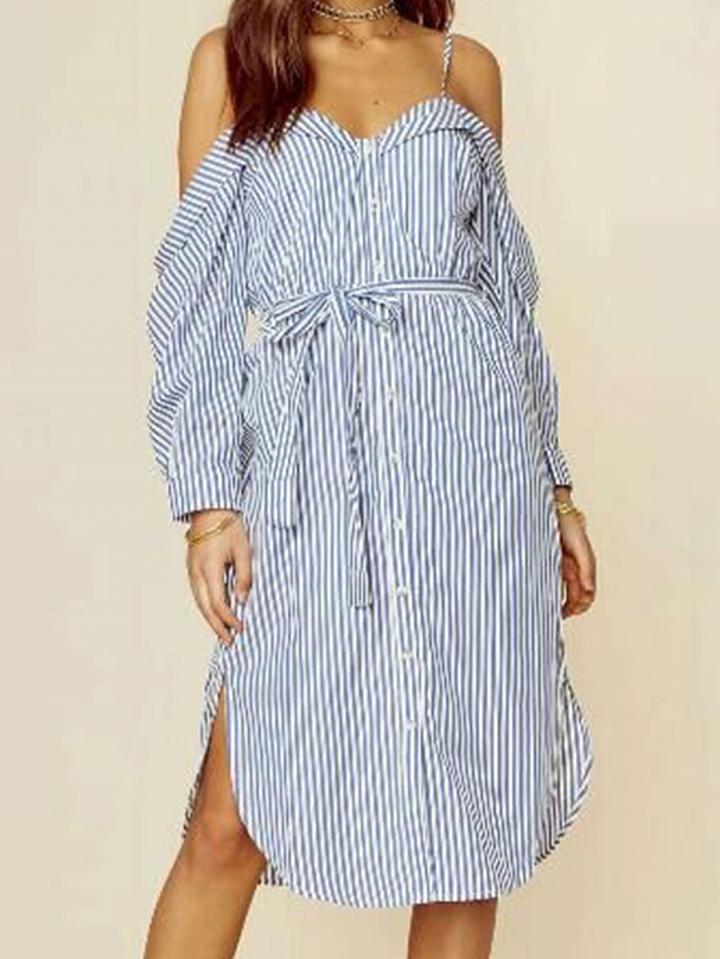 Choies Blue Stripe Sweetheart Tie Waist Side Split Spaghetti Strap Dress