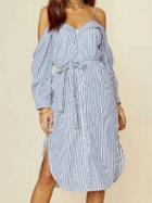 Choies Blue Stripe Sweetheart Tie Waist Side Split Spaghetti Strap Dress