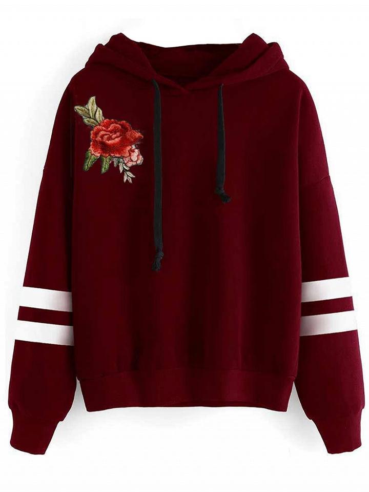 Choies Red Striped  Embroidery Flower Long Sleeves Hoodie