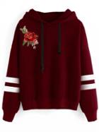 Choies Red Striped  Embroidery Flower Long Sleeves Hoodie