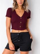 Choies Hot Pink V-neck Button Placket Ribbed Crop Top