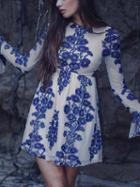 Choies Blue Embroidery Detail Flare Sleeve Sheer Mesh Mini Dress