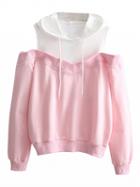 Choies Pink Contrast Cold Shoulder Drawstring Long Sleeve Hoodie