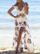 Choies White Spaghetti Strap Floral Print Thigh Split Maxi Dress