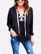 Choies Black Plunge Eyelet Lace Up Front Long Sleeve Hoodie