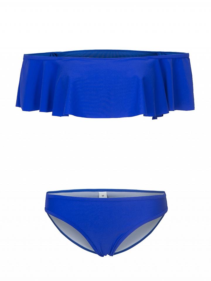 Choies Blue Ruffle Off The Shoulder Bikini Top And Bottom