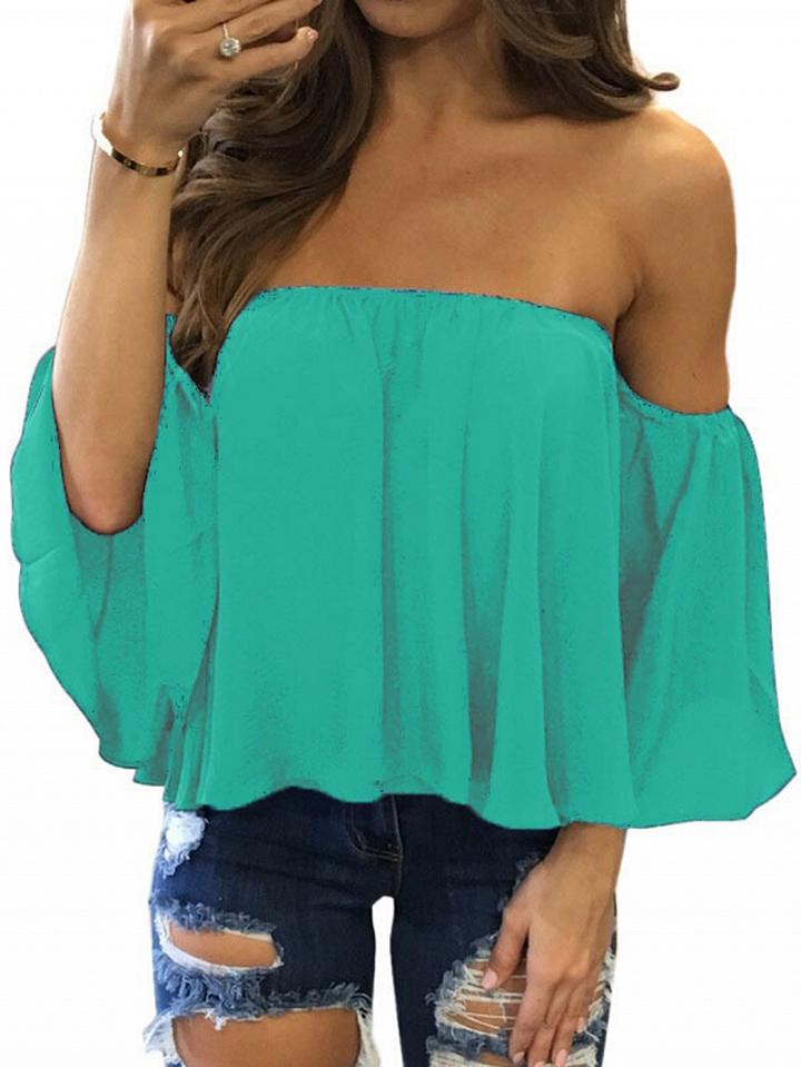 Choies Blue Off Shoulder Long Sleeve Blouse