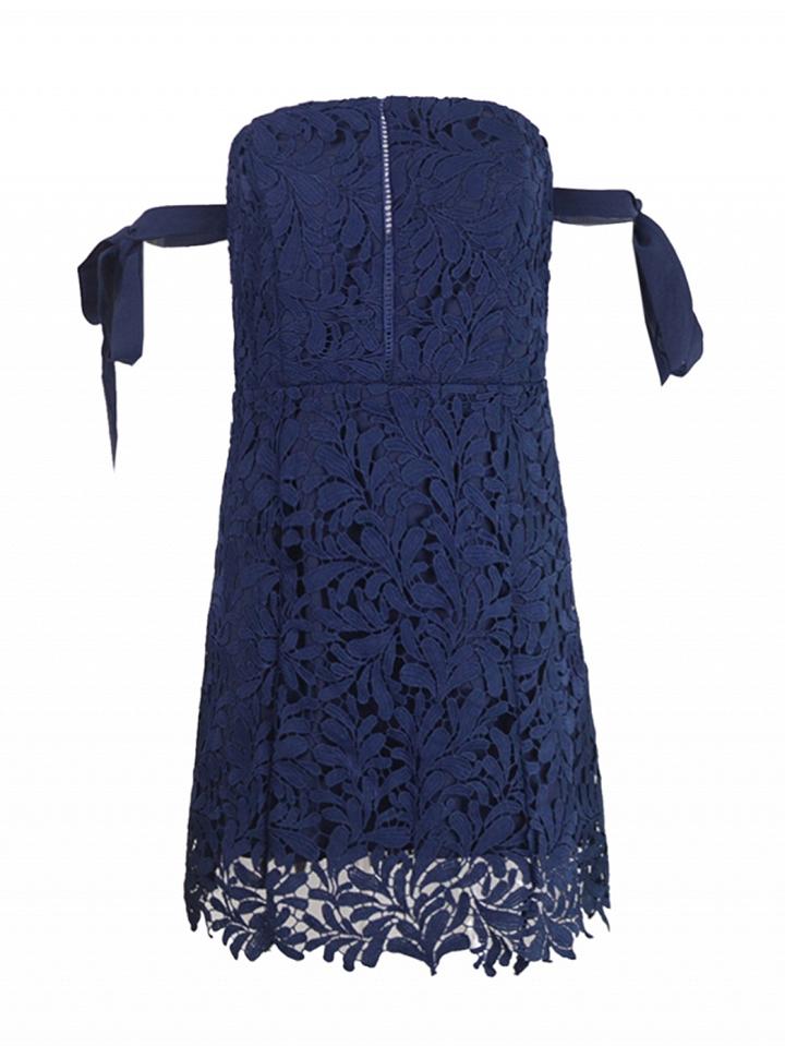 Choies Navy Blue Bardot Tie Sleeve Cutwork Lace Ladder Mini Dress