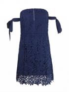 Choies Navy Blue Bardot Tie Sleeve Cutwork Lace Ladder Mini Dress