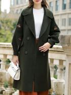 Choies Green Lapel Tie Waist Embroidery Puff Sleeve Wool Longline Coat