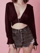 Choies Black Plunge Open Back Puff Sleeve Chic Women Crop Top