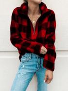 Choies Red Plaid Lapel Zip Front Long Sleeve Women Sweatshirt