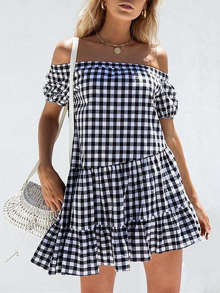 Choies Black Plaid Off Shoulder Ruffle Hem Puff Sleeve Mini Dress