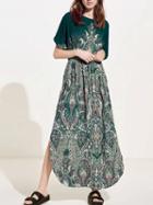 Choies Green Paisley Print Tie Back Side Split Curved Hem Maxi Dress