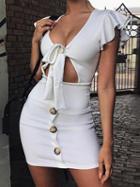 Choies White V-neck Button Placket Front Chic Women Bodycon Mini Dress