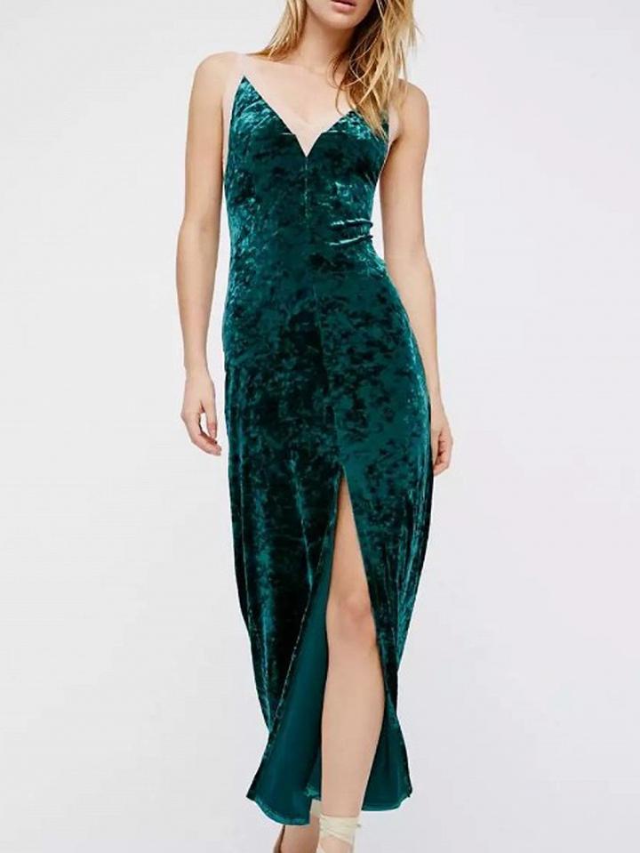 Choies Dark Green Velvet V-neck Thigh Split Front Open Back Dress