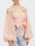Choies Pink Sweetheart Laser Cut Out Bow Tie Puff Sleeve Crop Top
