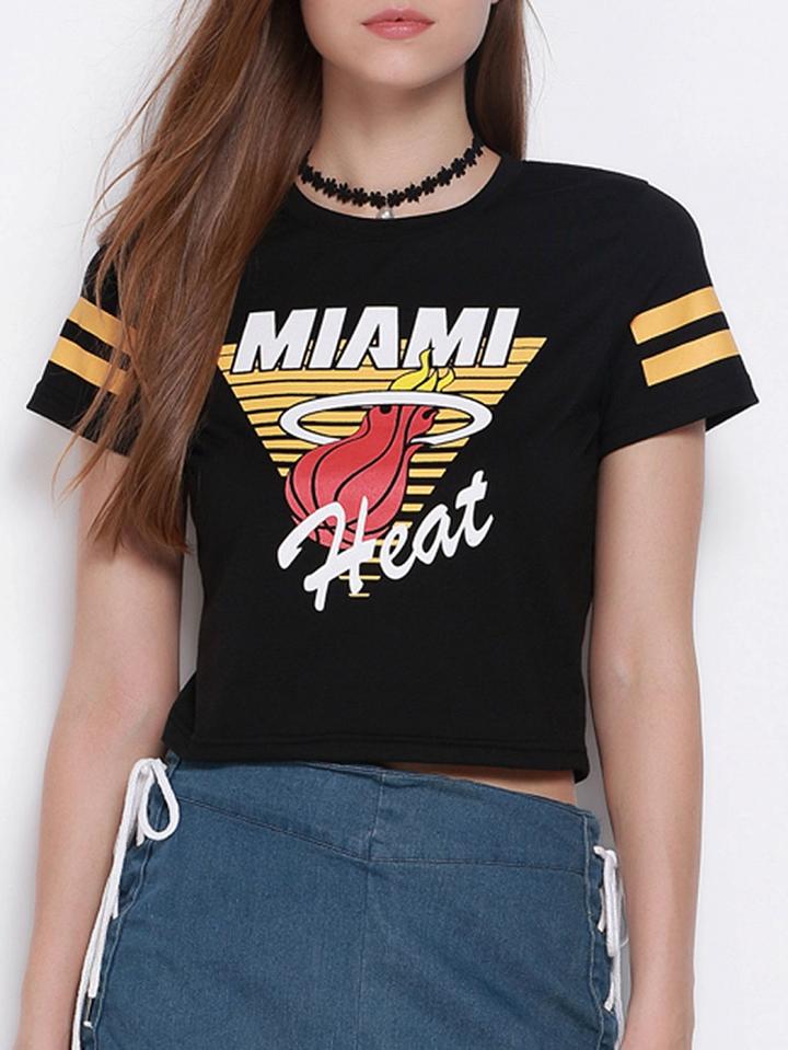 Choies Black Logo Print Striped Sleeve Crop T-shirt