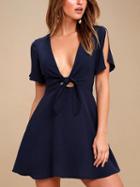 Choies Dark Blue Plunge Tie Front Flare Sleeve Mini Dress
