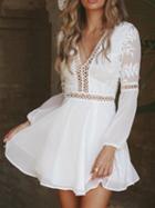 Choies White Chiffon Plunge Open Back Long Sleeve Chic Women Mini Dress