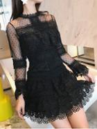 Choies Black Sheer Mesh Panel Long Sleeve Lace Mini Dress