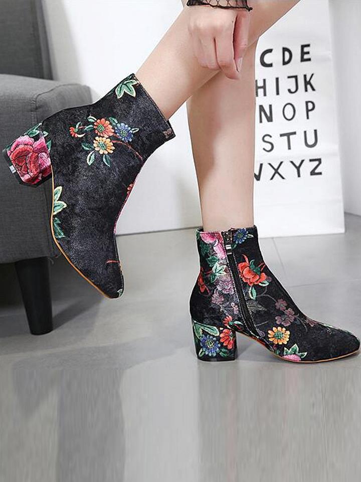 Choies Black Faux Suede Floral Ankle Boots