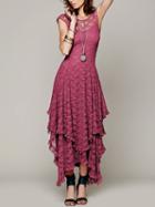 Choies Hot Pink Asymmetric Hem Open Back Lace Dress