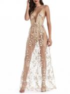 Choies Gold Plunge Sequin Detail Sheer Mesh Panel Chic Women Cami Maxi Dress