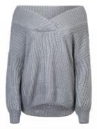 Choies Gray Deep V-neck Balloon Sleeve Chunky Knitted Sweater