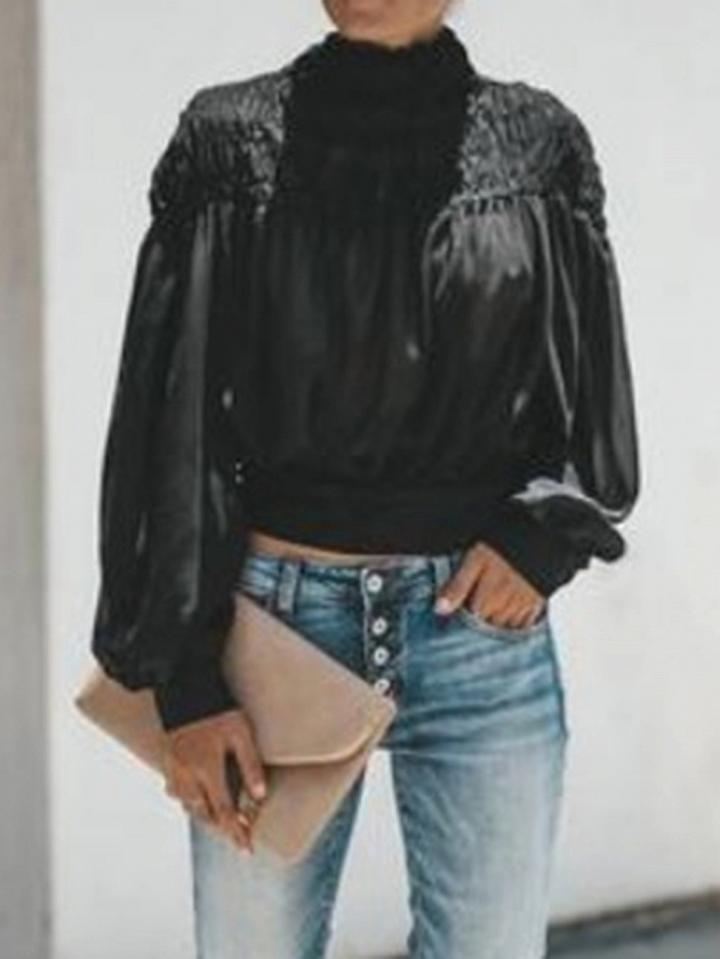 Choies Black Chiffon High Neck Puff Sleeve Chic Women Crop Blouse