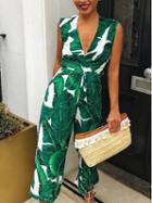 Choies Green V-neck Leaf Print Sleeveless Chic Women Jumpsuit