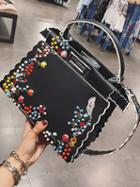 Choies Black Pu Embroidery Detail Stud Embellished Chic Women Shoulder Bag