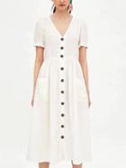 Choies White V-neck Button Placket Midi Dress