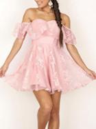 Choies Pink Sweetheart Off Shoulder Ruffle Lace Mesh Skater Dress