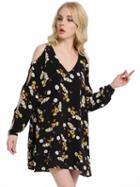 Choies Multicolor V-neck Floral Cold Shoulder Shift Dress