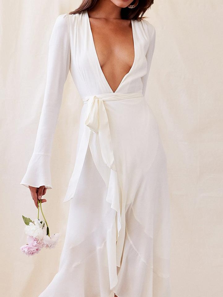 Choies White Chiffon Plunge Flare Sleeve Chic Women Hi-lo Maxi Dress