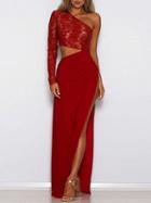 Choies Red Asymmetric Lace Panel Thigh Split Side Maxi Dress