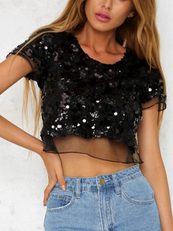 Choies Black Sequin Detail Mesh Panel Crop Top