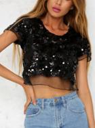 Choies Black Sequin Detail Mesh Panel Crop Top