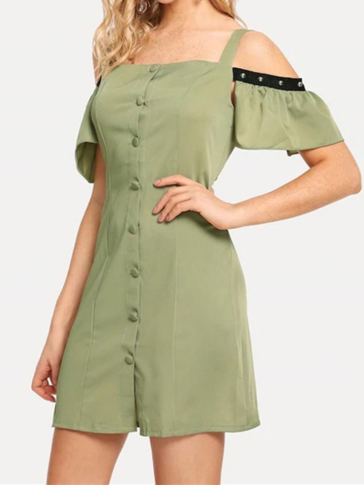 Choies Green Cold Shoulder Button Placket Front Chic Women Cami Mini Dress
